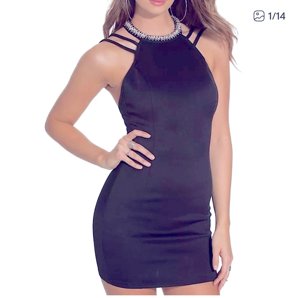 Xtraordinary juniors size 5 navy blue mini dress jeweled high neckline guc